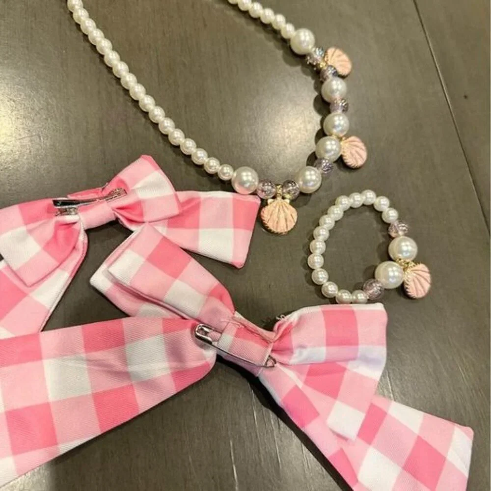 New: 50’s pink plaid dress‎ w jewelry & bows (9-10 years old)